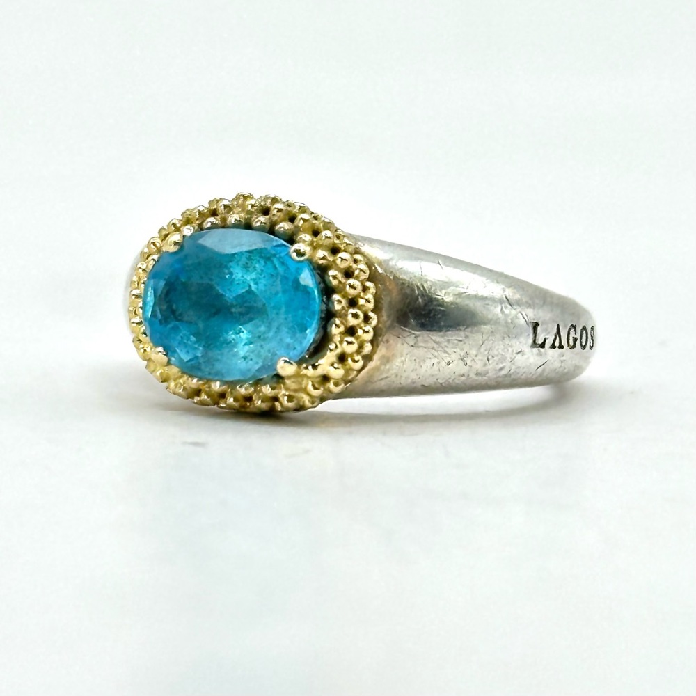 Lagos Caviar Silver & Gold Faceted Blue Topaz Ring Size 7 - Picture 3 of 13